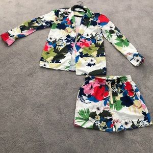 White and blue  floral short set